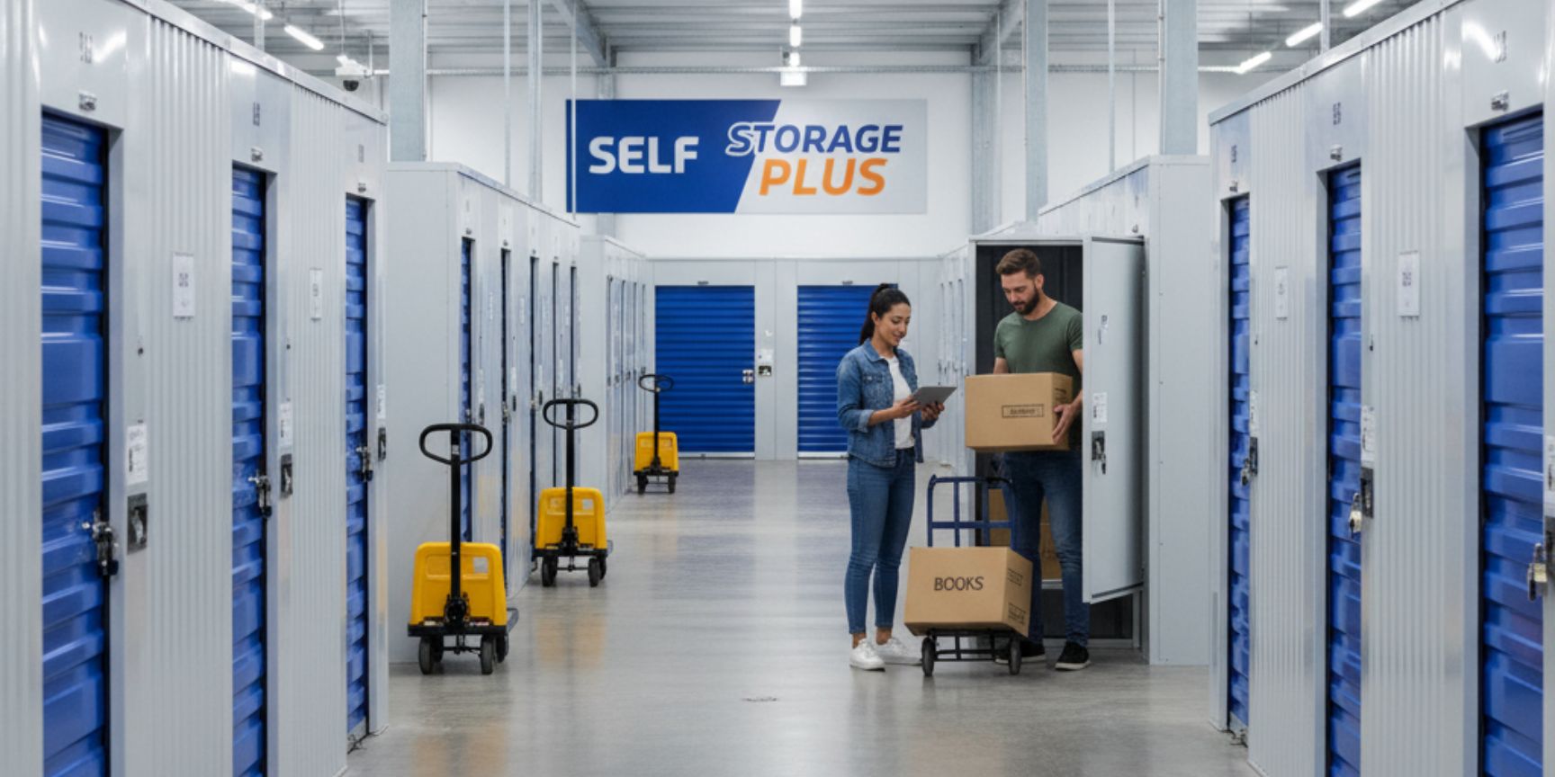 Interior view of a modern self-storage facility with long aisles, flanked by numerous blue storage boxes of different sizes. A couple is in the process of putting boxes into an open storage box, while a woman checks digital documents on a tablet. In the background, more empty storage boxes and transport trolleys can be seen. The 